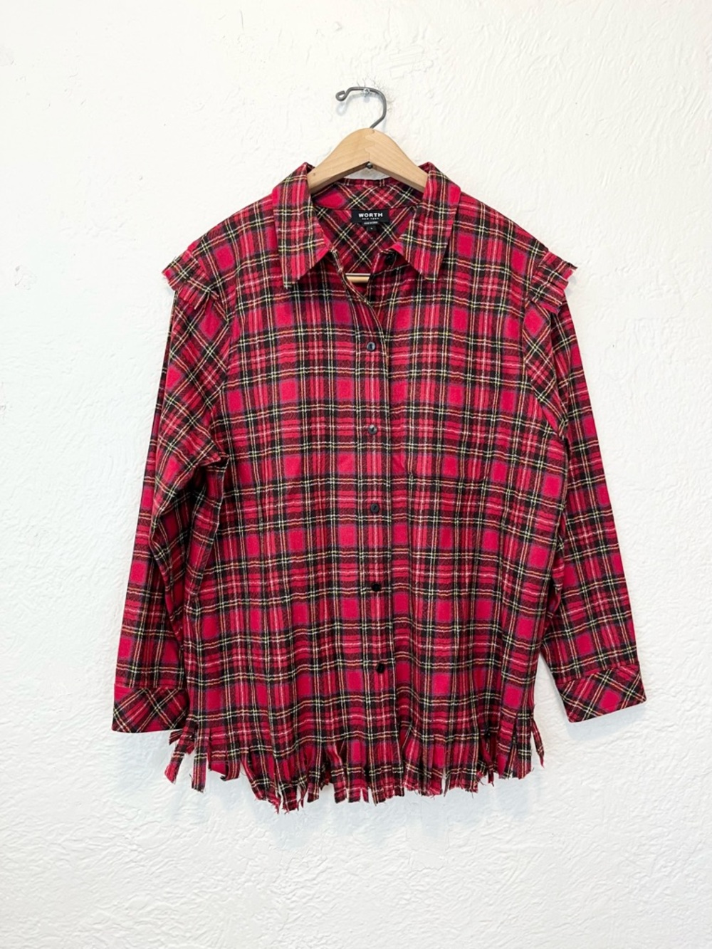 Worth New York Shirt Top Red Plaid Fringe Wool Large L